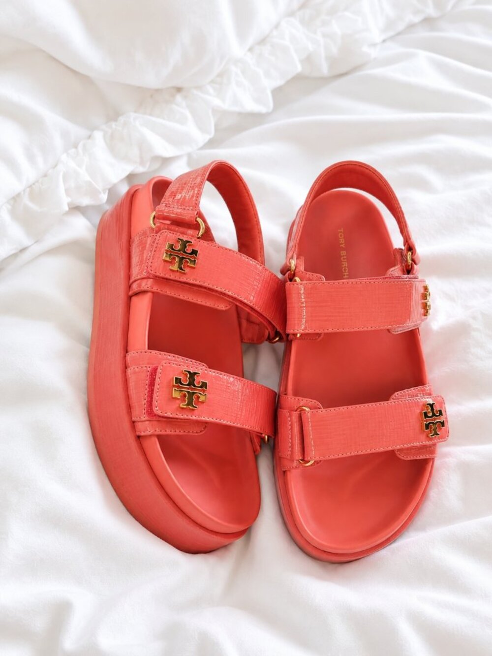 Tory Burch Coral Patent Double-Strap Sandals with Gold Logo